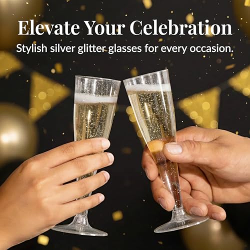 Prestee 24 Champagne Flutes Plastic - Disposable Flute - Silver Glitter Plastic Glasses for Parties - Mimosa Bar, Wedding,...
