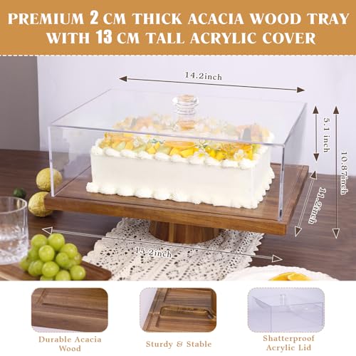 Krbnk 17" Acacia Wood Cake Stand with Lid, 2-in-1 Rectangular Charcuterie Board & Dessert Display, Shatterproof Acrylic Ca...