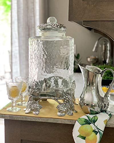 Arthur Court Glass Drink Dispenser Beverage Stainless Leak Free Spigot, Metal Grape Pattern Base Home Bar Party Server Ele...