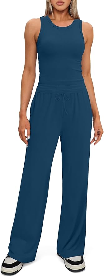 Darong Women's 2 Piece Outfits Lounge Sets Sleeveless Tank Tops Wide Leg Pants Sets Tracksuits Match Sets