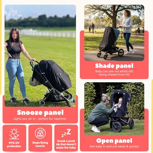 SnoozeShade Plus Extra, Stroller Sun Shade, Mosquito Net for 6m+ Babies, Blocks 99% of UV (UPF 50+) Universal Fit Blackout...