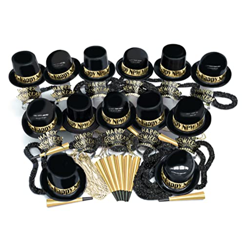 Crown Display New Years Eve Party Supplies 2026 I 250 Pcs I Black and Gold Top Hats Tiaras Bead Necklace Noise Makers I 20...