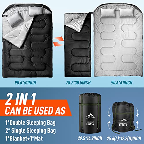 MEREZA Double Sleeping Bag for Adults Mens with Pillow, XL Queen Size Two Person Sleeping Bag for All Season Camping Hikin...