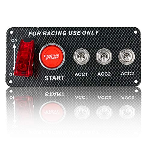 Stark Industries - Race Car Ignition Panel with Engine Start Button and 3 Toggle Switches - Carbon Fiber 12V LED Switch Panel