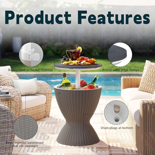 ROJIK 3-in-1 Resin Ice Bucket & Beverage Cooler – Wood Look Patio Table, UV Protection & Drain Plug for Outdoor Parties, B...