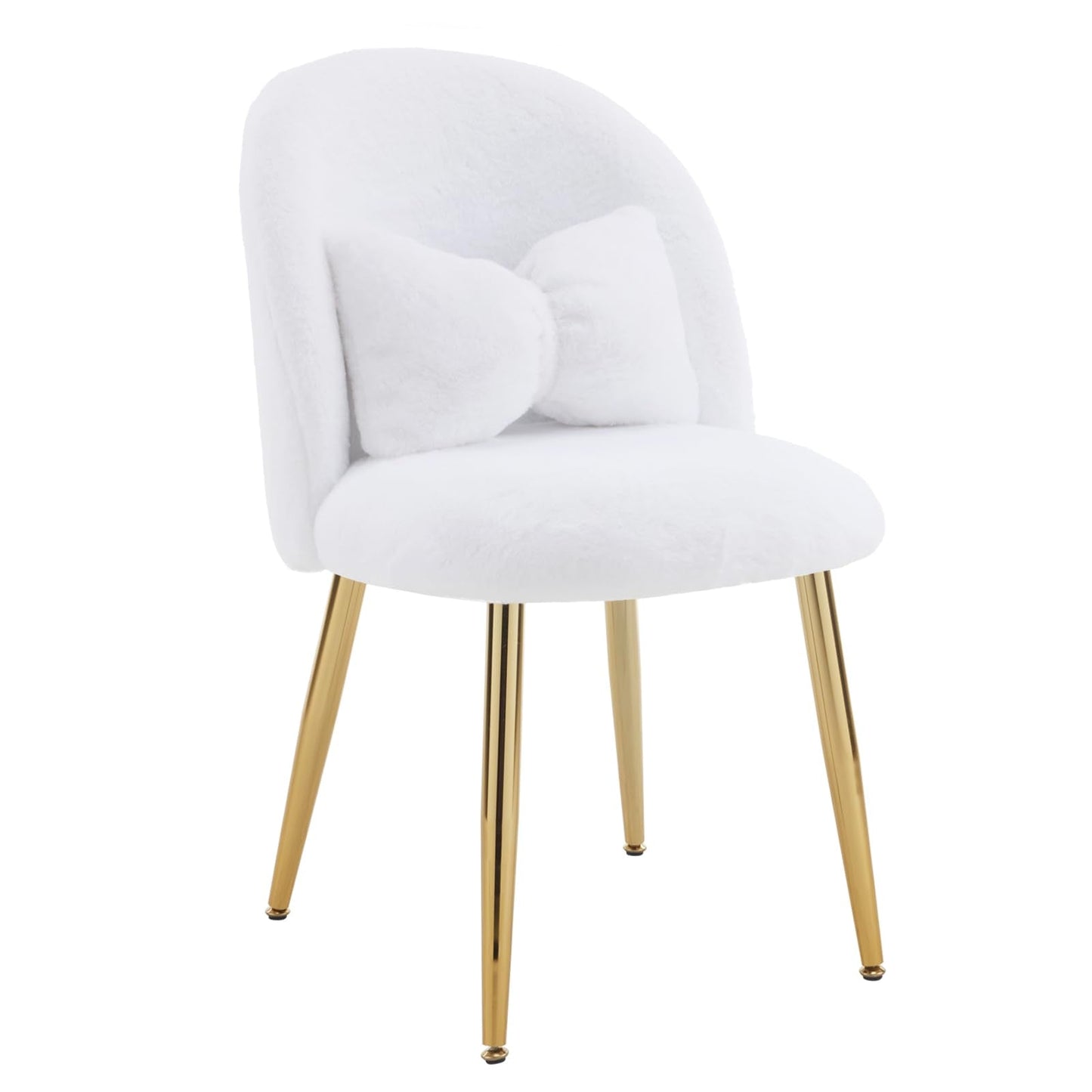 VINGLI Fluffy Girls Vanity Chair with Back & Pillow,Cute Small Cozy Desk Chair No Wheels,Comfy Makeup Ch with Ajustable Gold Legs,for Bedroom,Living Room,Small Space,White