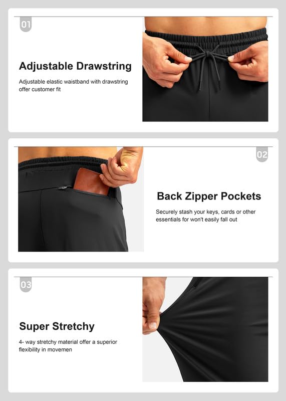 Pudolla Men's Athletic Pants with Zipper Pockets Stretch Workout Sweatpants Lightweight Running Joggers for Men