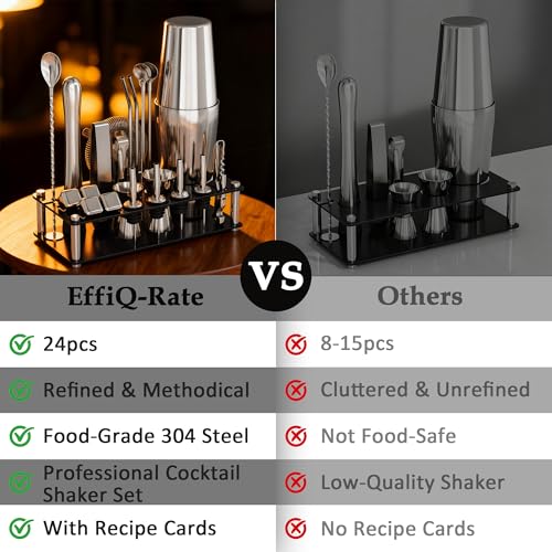 EffiQ-Rate Cocktail Shaker Set Bartender Kit, 24-Piece Boston Stainless Steel Bar Tool Set with Acrylic Stand Bars Set wit...