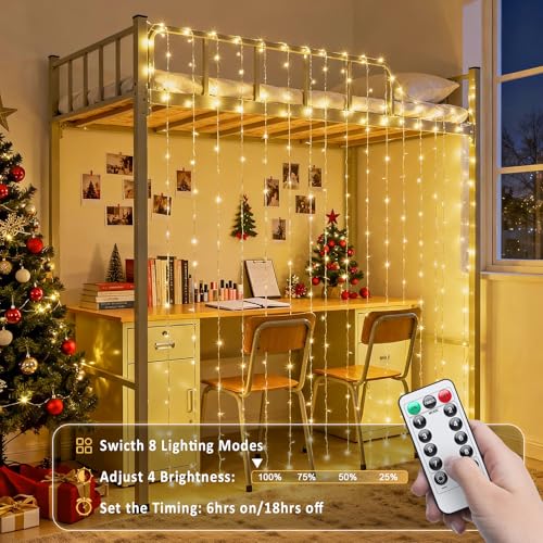 JMEXSUSS 200 LED Christmas Curtain Lights for Bedroom, Warm White Hanging Curtain String Lights Indoor, USB Plug in Christ...