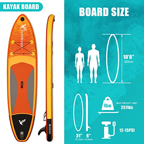 Freein Inflatable Paddle Board 10'6"/11',Capacity 2-in-1 SUP/Kayak with Adjustable Seat,Electric Pump Adapter,Non-Slip Dia...
