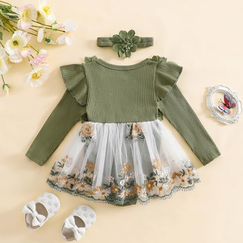 Douhoow Baby Girl Romper Dress Embroidery Lace Flowers Baby Dress Romper Fall Winter Festival Clothes with Headband