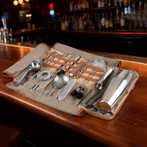 Etens Bartender Travel Kit with Waxed Bag | 22 Piece Bar Set in Roll | Portable Cocktail Tools for Home & Travelling Barte...
