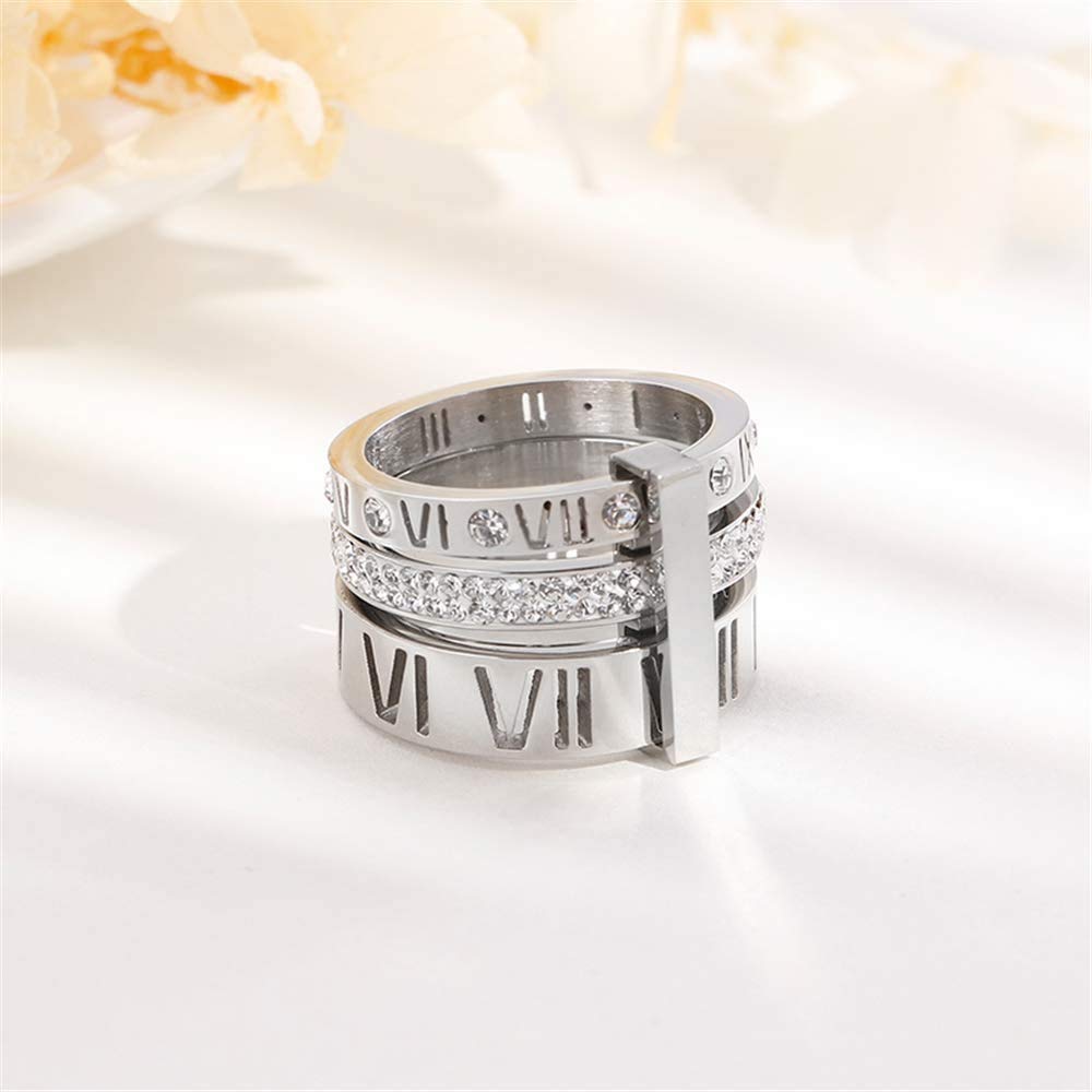 Jarlinwel Stainless Steel CZ Zirconia Roman Numeral Ring For Women Stacking Thumb 3 in 1 Spinner Rings (Silver, 7 Runs small)