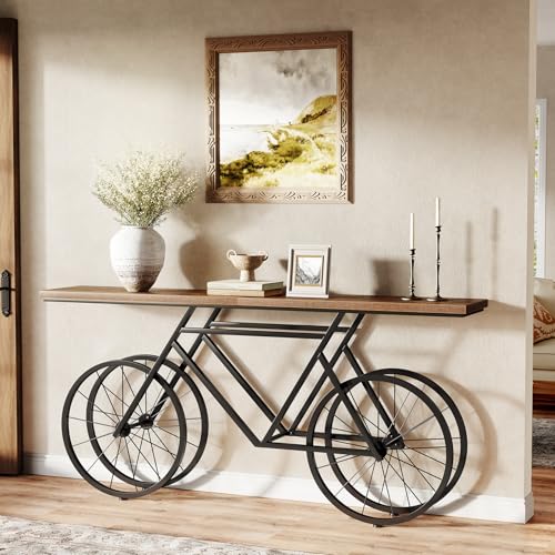 LITTLE TREE Narrow Sofa Table, 70.9-Inch Extra Long Console Table for Living Room, Entryway, with Unique Bicycle Metal Base. Rustic Brown
