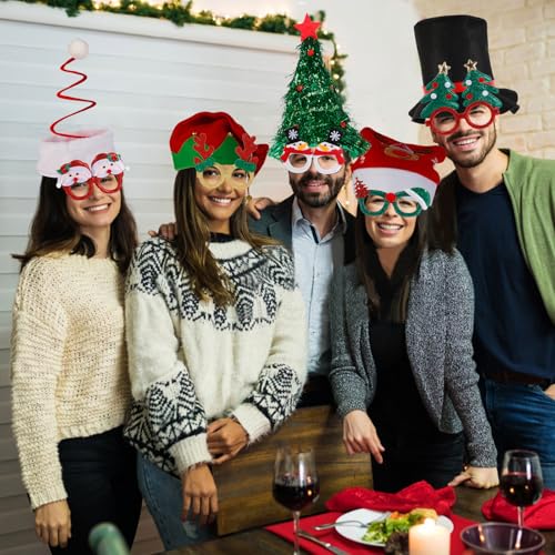 21 Pcs Funny Christmas Party Photo Booth Props Kit - Includes 6 Christmas Hats, 6 Xmas Glasses, 6 Festive Necklaces, White...