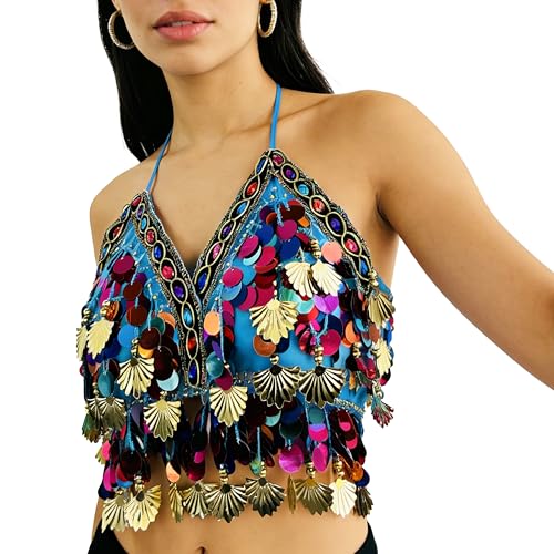 Wuchieal Sequin Halter Bra Tops Salsa Belly Dance Boho Festival Clubbing Tribal Bra Gold Shell Top