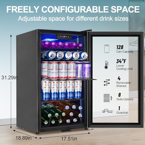 128 Cans Beverage Refrigerator Cooler, 3.2 Cu.Ft Mini Drink Fridge Glass Door for Drink Beer Soda Wine, Beer Fridge with 4...