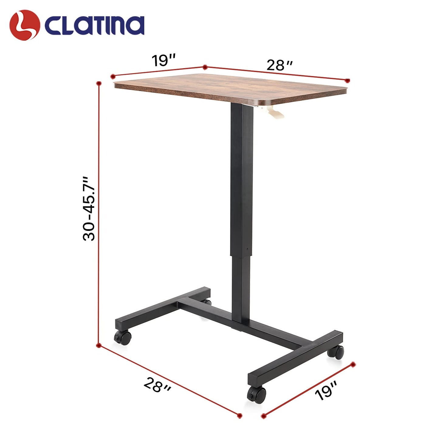 CLATINA Round Edge Design Elegant Mobile Laptop Desk Pneumatic Sit to Stand Table, Height Adjustable Rolling Cart with Lockable Wheels for Home Office Computer Workstation, 28" x 19" Brown