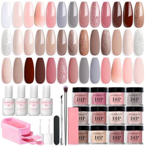AZUREBEAUTY 31 Pcs Dip Powder Nail Kit 20 Colors Glitter Nude Brown Pink White Gray Dip Powder Liquid Set with Top/Base Co...