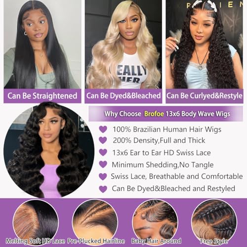 13x6 Lace Front Wigs Human Hair 200 Density Body Wave HD Lace Front Wigs Human Hair Pre Plucked Natural Color Glueless Wigs for Women 22 Inch