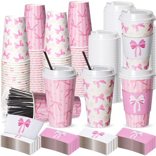 Jingmore 100 Set Pink Bow Coffee Cups with Lids, Straws and Sleeves Pink Bowknot Disposable Drinking Cup for Wedding Coque...