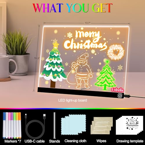 Exbelle 16“ LED Drawing Message Note Board 7 Colors Light Acrylic Dry Erase Lumiboard with Colors 2 Modes as Night Light f...