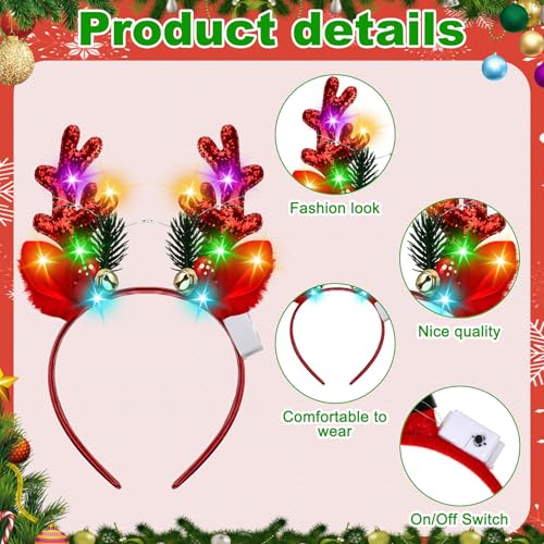 Zeyune 16 Pcs Christmas LED Headbands Xmas Tree Costume Headwear Reindeer Elf Hats Headband Light up for Party