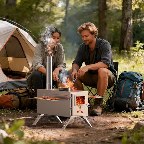 Upgraded Wood Stove, Hot Tent Stove Camping Portable Stainless Steel Wood Burning Stove with 7 Chimney Pipes for Wall Tent...