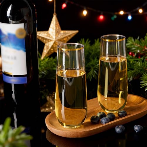FOCUSLINE 24 Pack 9 Oz Plastic Stemless Gold Rim Champagne Flutes, Heavy Duty, Shatterproof, Disposable & Reusable Crystal...