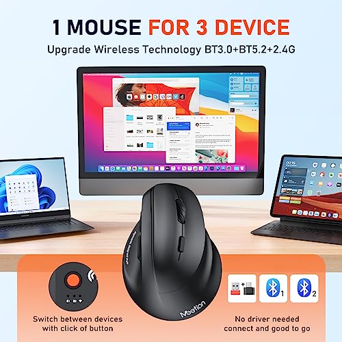 MEETION Ergonomic Mouse, Wireless Vertical Mouse RGB Backlit Rechargeable Mice for Bluetooth(5.2 + 3.0) & USB-A with USB-C...
