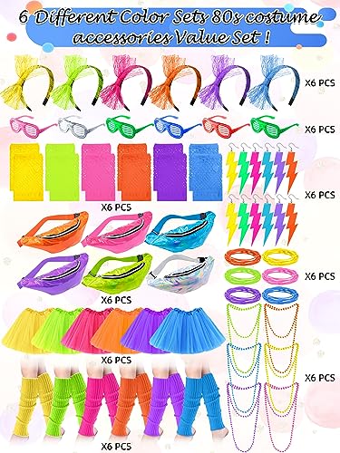 Shinymoon 54 Pcs 80s Accessories for Women Neon Tutu Skirts Light Shutter Glasses Holographic Fanny Pack Lace Headband Ear...