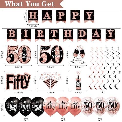50th Birthday Decorations for Women, 33pcs 50th Birthday Crown and Sash, Black Rose Gold Happy 50th Birthday Banner Balloo...
