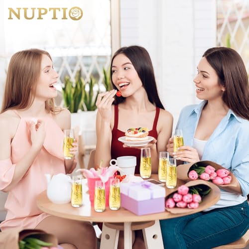 NUPTIO Stemless Champagne Glasses Bridesmaid: Bridal Shower Party Prosecco Flutes Tumbler Wedding Gift Clear Gold Embossed