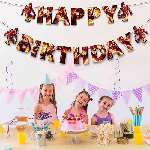 "Flsh Happy Birthday Banner – Superhero Theme Party Decoration for Boys and Girls – Vibrant Lightning Bolt Design Hanging ...