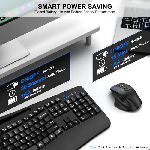Wireless Keyboard and Mouse Combo, 2.4G Full Size Wave Keys Ergonomic Keyboard with Wrist Rest, Phone Holder, 3-Level DPI ...