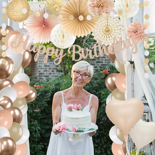 Champagne-Gold Beige Birthday Decorations for Women Girls,Cream Neutral Balloons Décor,Happy Banner,Boho Peach Paper Lante...