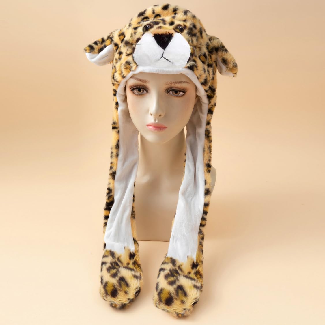 Ear Moving Jumping Hats Animal Plush Earflaps Movable dancing Ear Hat Cap for Halloween Easter Christmas Novelty Party(Leopard)