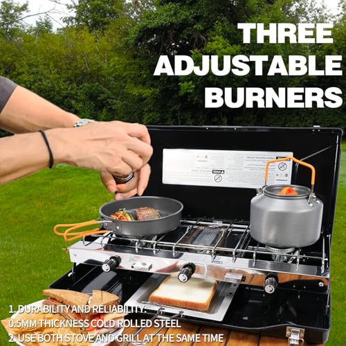 CampingFlame 3-Burner Propane Camping Stove - Portable Stove with Adjustable Burners, Wind Guards, Toast Tray, 20,400 BTUs...