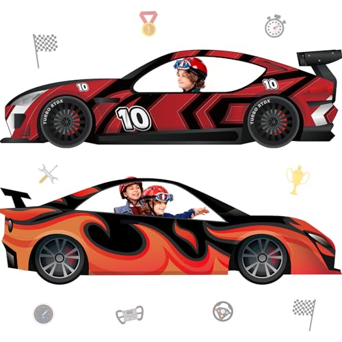2PCS Race Cars Photo Booth Props Large Fabric Race Car Party Decorations Banner Sign Car Shaped Photo Prop Racing Themed S...