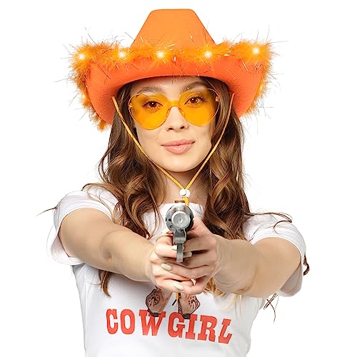 Funcredible Light Up Cowboy Hat and Glasses – LED Cowgirl Hat with Feathers – Cowgirl Costume Accessories for Women