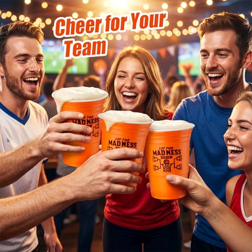 Yungyan 50 Pcs March Basketball Madness Party Plastic Cups, Let The Madness Begin Decorations, 16 oz Disposable Plastic Cu...