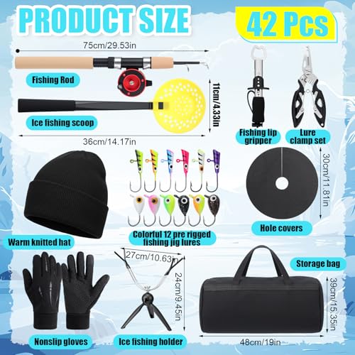 Teyva Daily 42 Pcs Ice Fishing Rod Reel Combo Complete Set 29.5" Ice Fishing Rod and Holder with Carrier Bag Pliers Lip Gr...