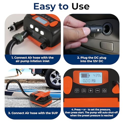 SereneLife Inflatable Paddle Board Pump Compressor - 16PSI High Pressure SUP Inflator - 12V DC Car Connector - Electric Ai...