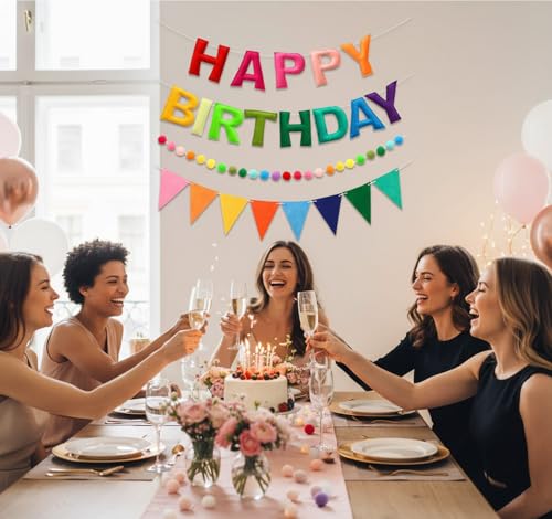 3D Happy Birthday Banner Set – Pre-Strung Reusable Rainbow Happy Birthday Decorations with Felt Ball Garland, Triangle Fla...