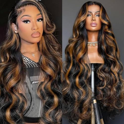 1B/30 Highlight Lace Front Wig Human Hair 13x6 Ombre Lace Front Wig 180% Density Body Wave HD Lace Frontal Wigs Human Hair Colored Balayage Wig for Black Women 22Inch
