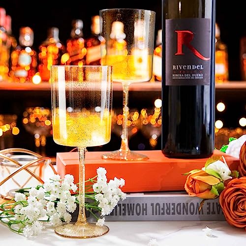 Ciaell 6 Pack Gold Plastic Wine Glasses - 10 Oz Disposable Glasse with Stem - Disposable Wine Glasses Perfect for Parties...