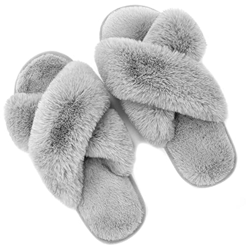 Metog Women's Fuzzy Cross Band Indoor/Outdoor Soft Open Toe Slippers