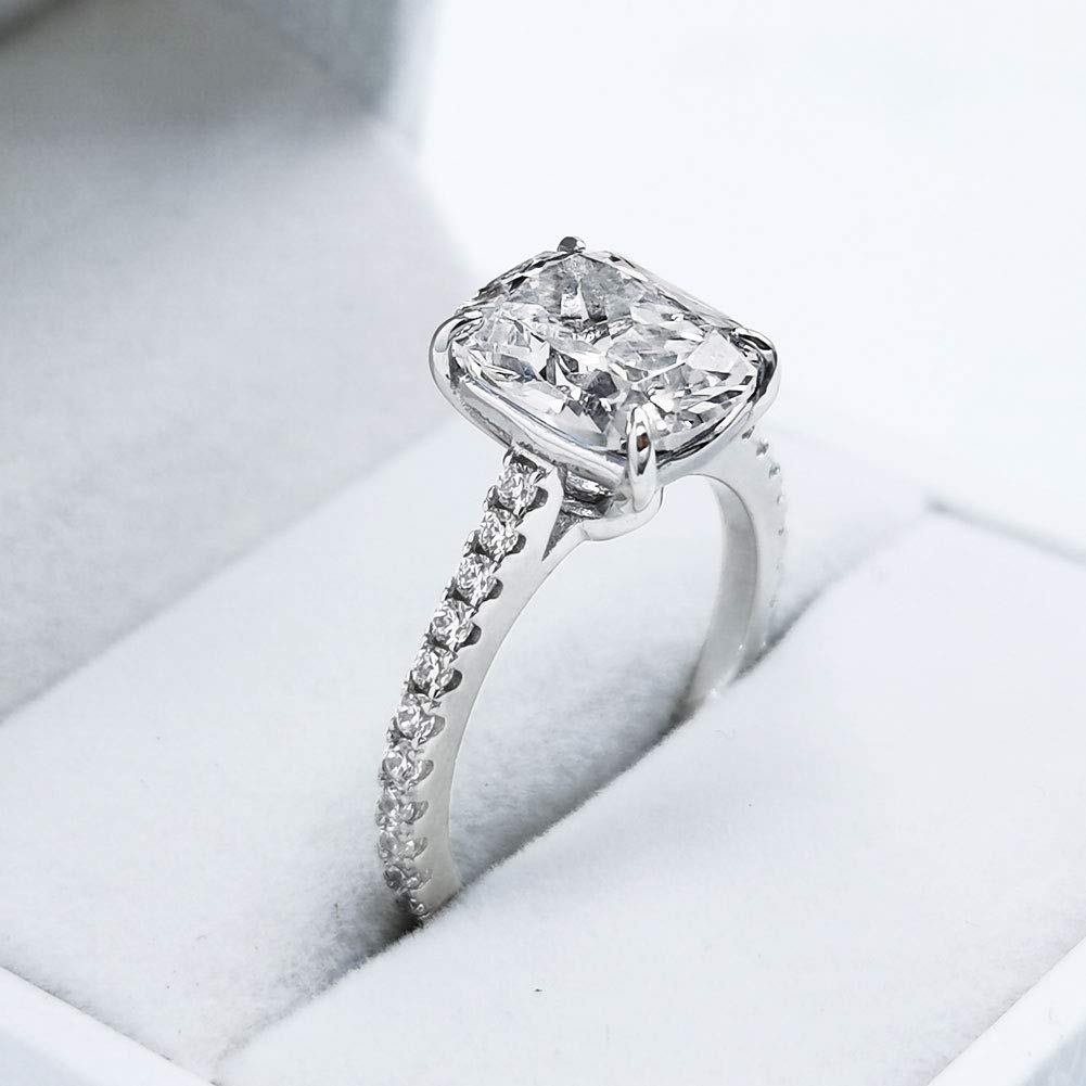 Bo.Dream 3ct Cushion Cut Cubic Zirconia CZ Platinum Plated Sterling Silver Engagement Rings Women (4.5)