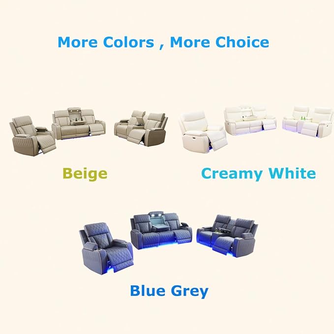 Toseslo Power Recliner Sofa Set with Drop-Down Table, 3-Piece Leather Reclining Sofa Sectional Couches, Living Room Furniture Sets, Reclining Sofa with Cup Holders/Storage Console for House(Beige)
