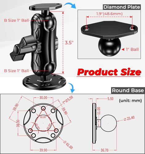 Aluminum Alloy 1" Ball GPS Mount with Industry Standard AMPS Hole Diamond Plate & Round Base, 3.5" Medium Arm for Garmin H...